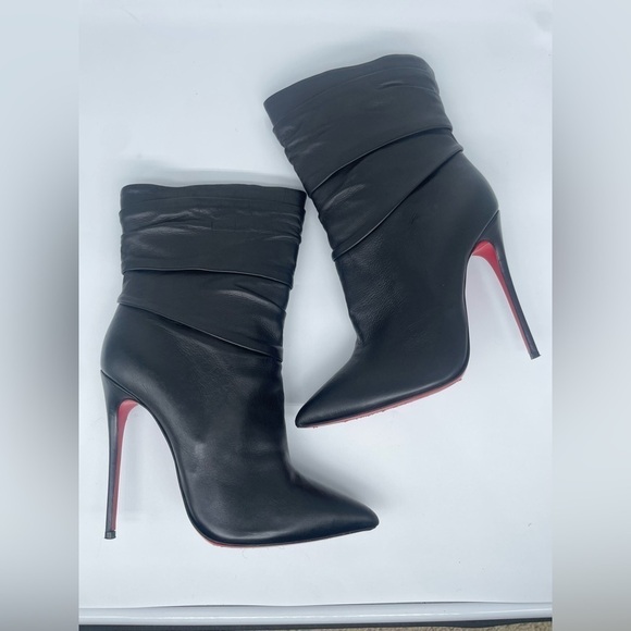Christian Louboutin Ishtar Black Leather Mid Calf Pointed Stiletto Heels Boots - Picture 4 of 14